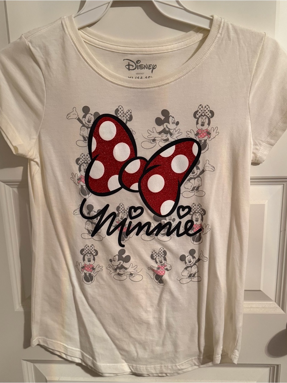 Disney Girls' White Tee with Red Polka Dot Minnie Bow Graphic